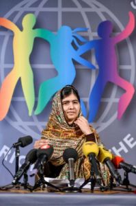 Nobel Peace Prize laureate Malala Yousafzai of Pakistan speaks at the World's Children's Prize ceremony in Mariefred