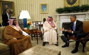 Obama meets with Crown Prince Mohammed bin Nayef and Deputy Crown Prince Mohammed bin Salman of Saudi Arabia in the Oval Office of the White House in Washington