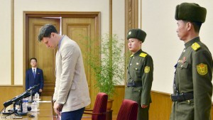 Otto Warmbier, a University of Virginia student who has been detained in North Korea since early January, attends a new conference in Pyongyang, North Korea
