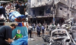 *COMPOSITE* Men and Syrian Army members inspect a damaged site after a suicide and car bomb attack in south Damascus Shi'ite suburb of Sayeda Zeinab