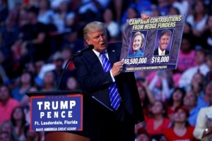 Republican U.S. presidential nominee Donald Trump holds up a sign during a campaign rally at the BB&T Center in Sunrise, Florida